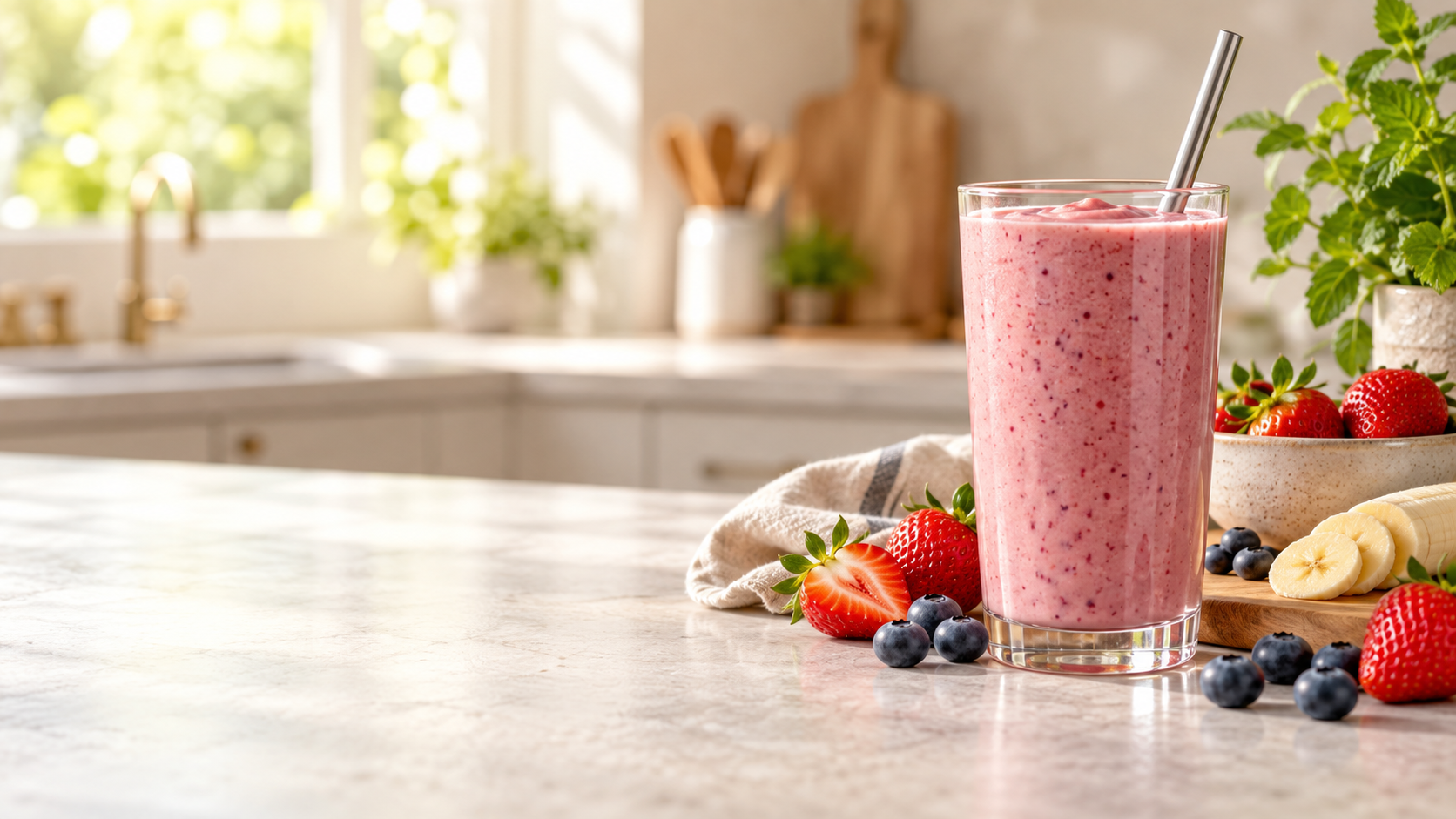 Strawberry smoothie with fresh berries in a sunlit kitchen